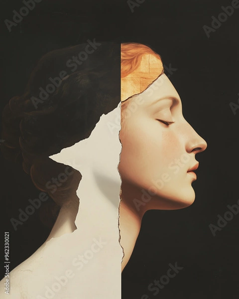 Obraz Medieval eternal beauty concept. Creative collage of the beautiful young woman using mix of different techniques. Close up portrait. Avant-garde postcard, poster style