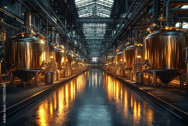 Fototapeta A brewery with large fermentation tanks and bottling equipment, showcasing the industrial production of beer. Concept of brewing industry and beverage manufacturing.