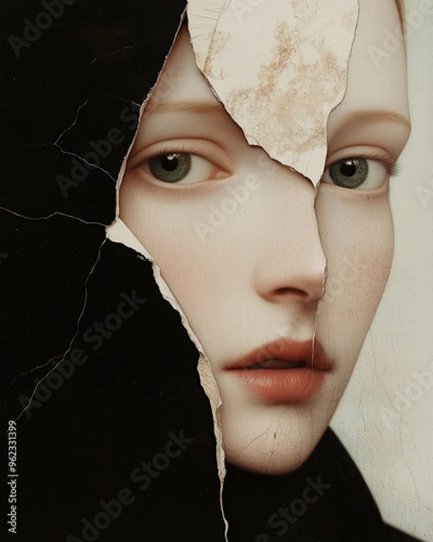 Obraz Medieval eternal beauty concept. Creative collage of the beautiful young woman using mix of different techniques. Close up portrait. Avant-garde postcard, poster style