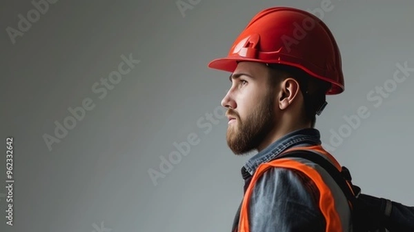 Fototapeta A side profile of a bearded construction worker wearing a red hard hat and reflective vest, looking ahead with a serious expression. The neutral background emphasizes his focus and professional