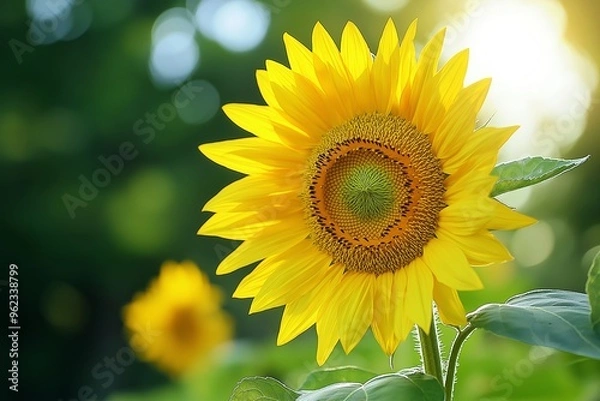 Obraz A stunning sunflower in full bloom stands tall with its vibrant yellow petals against a lush green background on a sunny day.