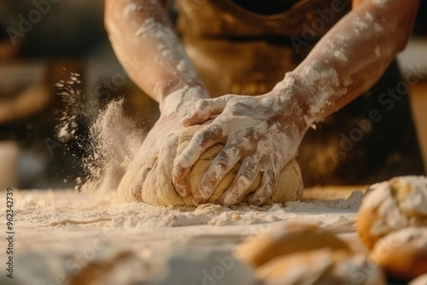 Obraz Closeup of a baker's hands kneading sourdough on a flour-covered table.