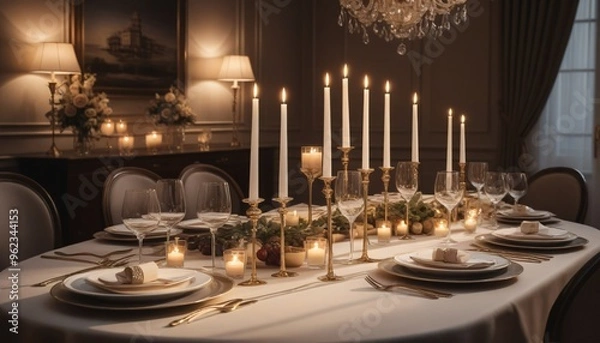 Obraz Table Élégante avec Vaisselle Fine et Bougies