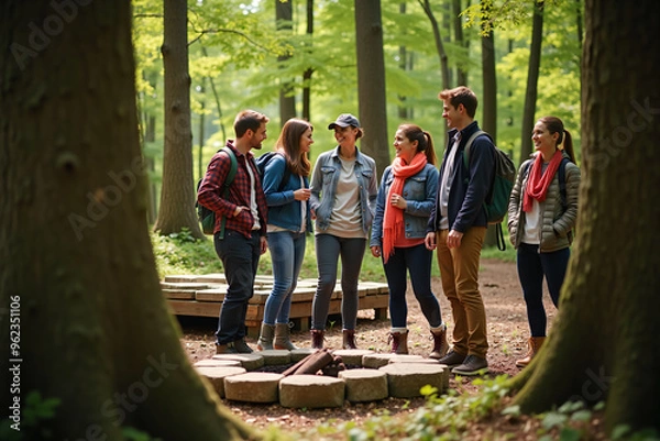 Fototapeta Diverse coworkers laughing together in forest team building exercise