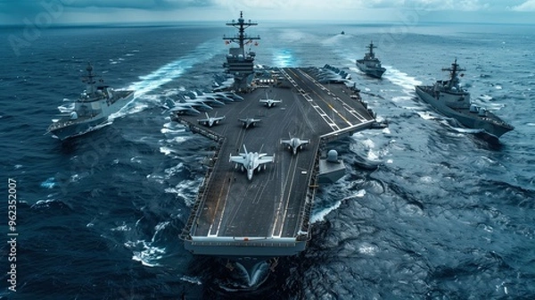 Fototapeta An aircraft carrier with its planes ready to take off and its escort ships in the ocean
