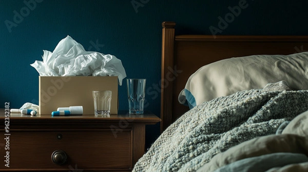 Fototapeta A cluttered nightstand with crumpled tissues, a box of tissues, medicine, and a glass of water. It sits next to a cozy bed with blankets, reflecting a comforting yet unwell atmosphere.