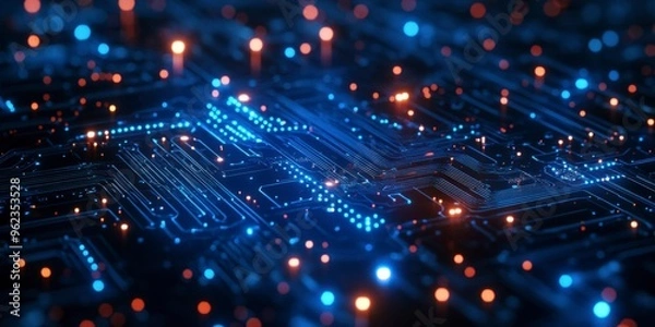 Obraz Futuristic Digital Network Circuit Board in Blue and Black