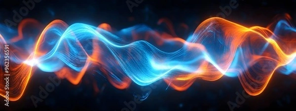 Fototapeta Sound waves with glowing neon lines on a dark background, 2D illustration style, in the style of blue and orange colors