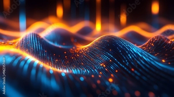 Fototapeta Sound waves with glowing neon lines on a dark background, 2D illustration style, in the style of blue and orange colors