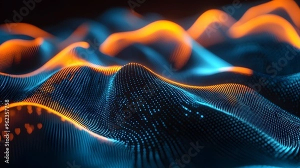 Fototapeta Sound waves with glowing neon lines on a dark background, 2D illustration style, in the style of blue and orange colors
