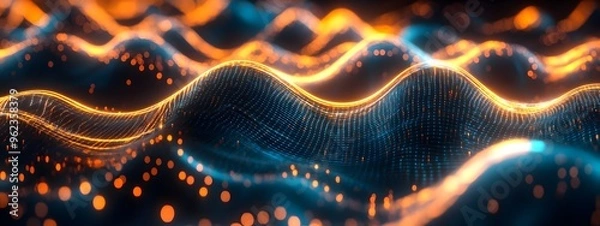 Fototapeta Sound waves with glowing neon lines on a dark background, 2D illustration style, in the style of blue and orange colors