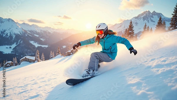 Fototapeta Snowboarder in Turn Surrounded by Powdery Snow and Mountains