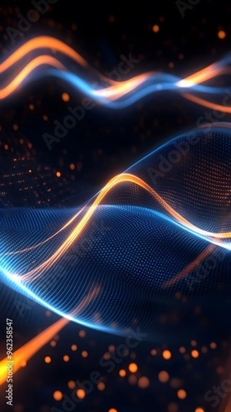 Fototapeta Sound waves with glowing neon lines on a dark background, 2D illustration style, in the style of blue and orange colors