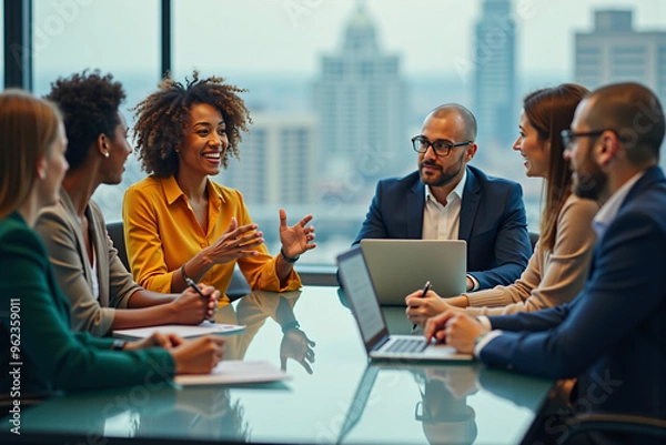 Fototapeta Diverse group of professionals discussing in modern office