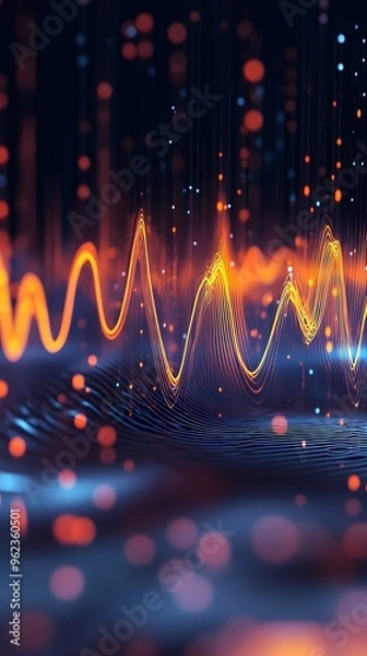 Fototapeta Sound waves with glowing neon lines on a dark background, 2D illustration style, in the style of blue and orange colors