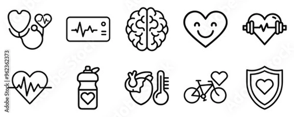 Fototapeta Fitness and Health Icon Set with Hearts, Brain, and Exercise Symbols in Line Art Style