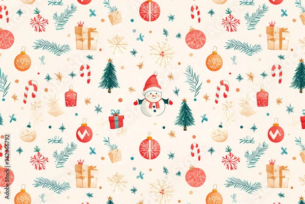 Fototapeta A colorful Christmas pattern with a snowman and trees