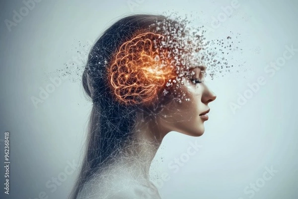 Fototapeta Brain cell function Biology Profile of a woman with fragmented neural elements symbolizing the complexity of thoughts and the delicate balance between technology and human emotion