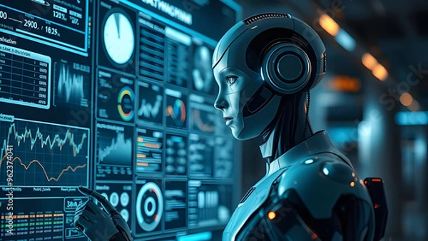 Obraz Advanced robotic figure analyzing data in a futuristic control room environment