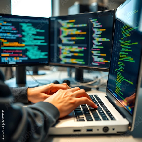 Fototapeta Person coding on multiple screens in a modern workspace during the day
