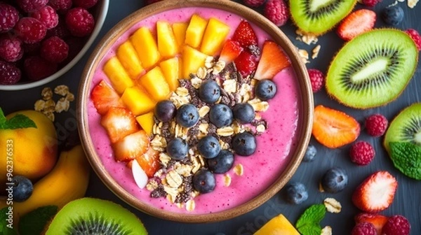 Fototapeta Close-up of a colorful smoothie bowl with mango, strawberry, blueberry, kiwi, and raspberry.