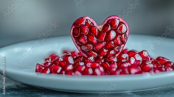 Obraz Close-up of a heart-shaped pomegranate with seeds spilling out on a white plate.