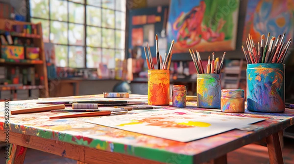 Obraz Creative Workspace with Art Supplies and Sketches