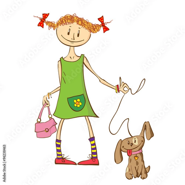 Obraz Little ginger girl in a green dress with a handbag walks her puppy
