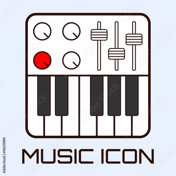 Obraz Lineart musical icon of midi keyboard or electric piano, white on light blue background. Vector graphics.

