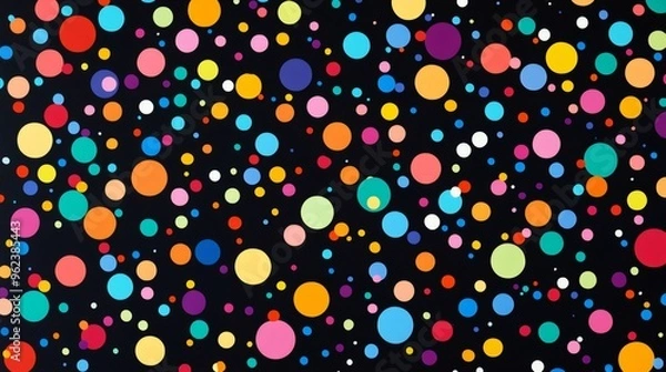 Fototapeta Abstract background with colorful polka dots on black surface.