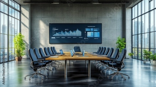 Fototapeta Business presentation setup, with multiple monitors and digital displays, in a sleek conference room, bright lighting