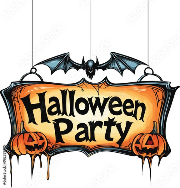 Fototapeta Halloween Party Banner Happy Halloween vector text banner on a transparent background. Featuring black bats, witch and cobwebs suitable for placing over Halloween cards, social media and poster design