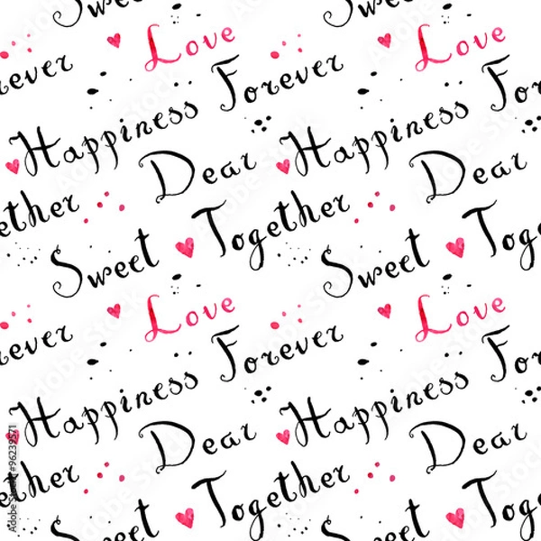 Fototapeta Handwritten vintage ink cursive font pattern with splashes and pink watercolor hearts