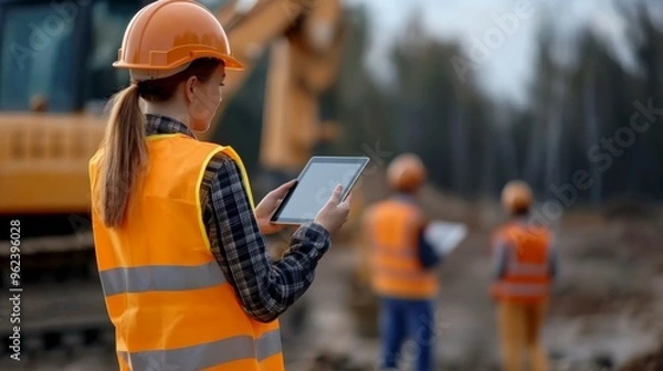 Fototapeta A female construction worker in a safety vest and hard hat uses a tablet to oversee operations at a construction site with machinery