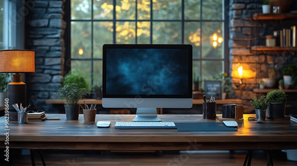 Obraz A pristine desk featuring a sleek, modern desktop computer with a blank screen, ideal for graphic design mockups, presentations, or showcasing portfolio and website designs