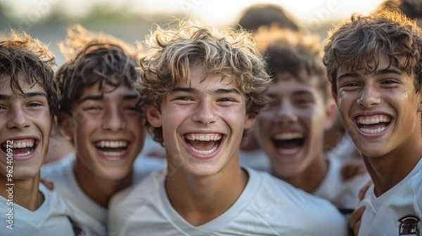 Fototapeta Teenage football team celebrating after a win. --ar 16:9 --style raw --stylize 750 --v 6.1 Job ID: 62b358a7-6a90-4c2d-a317-2724eb7474c7