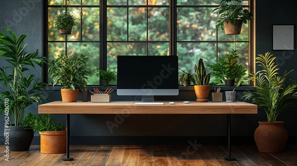 Fototapeta A pristine desk featuring a sleek, modern desktop computer with a blank screen, ideal for graphic design mockups, presentations, or showcasing portfolio and website designs