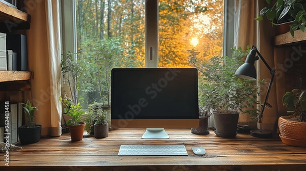 Obraz A pristine desk featuring a sleek, modern desktop computer with a blank screen, ideal for graphic design mockups, presentations, or showcasing portfolio and website designs