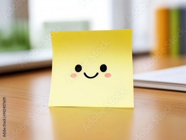 Fototapeta A Sticky Note with a Happy Face or the Word “Hello” On A Desk - Yellow