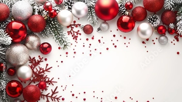 Fototapeta Red and silver Christmas ornaments arranged with pine branches on a white background, creating a bright and festive holiday border.