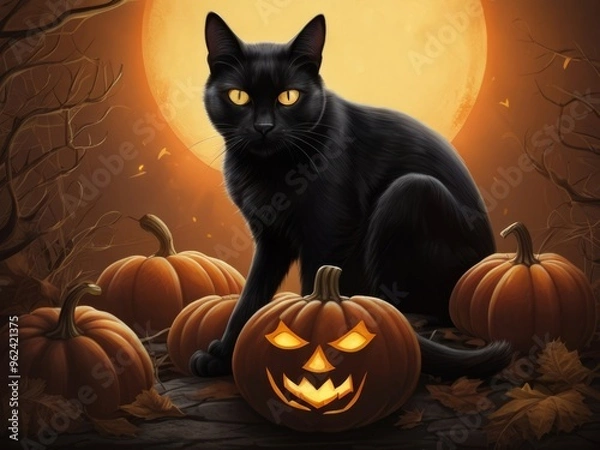 Fototapeta Black cat with glowing eyes sitting by a jack-o'-lantern against a full moon, Halloween theme
