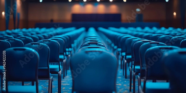 Fototapeta Empty conference hall with blue chairs Rear view