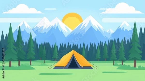 Fototapeta Dive into nature with vibrant vector art, featuring a cozy tent set against stunning mountains and lush greenery.