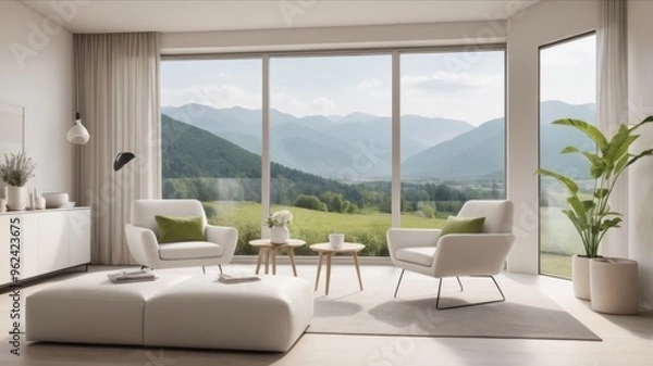 Fototapeta Modern living room interior with panoramic mountain view through large windows