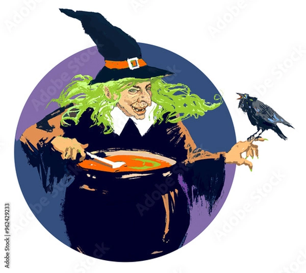 Obraz Scary Old Halloween Witch with Raven and Cauldron