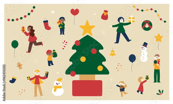 Fototapeta 人物とクリスマスのイラストセット