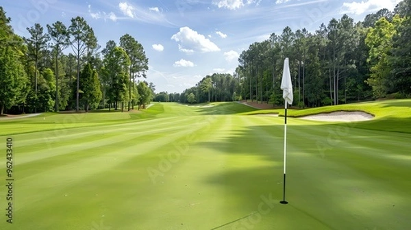 Obraz Beautiful green golf course with flag and hole on a sunny day in northern Georgia, USA