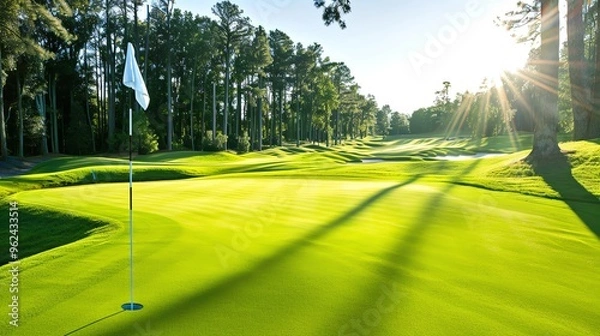 Obraz Beautiful green golf course with flag and hole on a sunny day