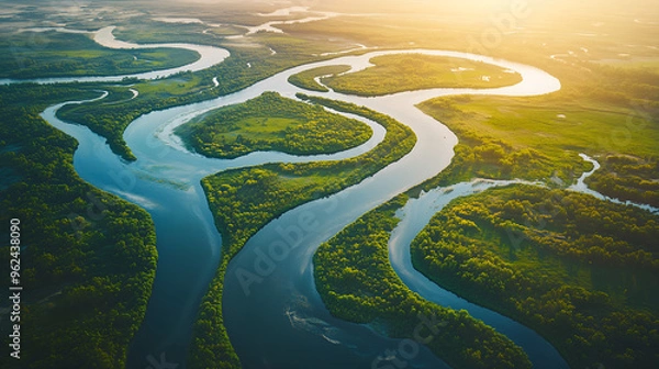 Fototapeta A stunning aerial view of meandering rivers weaving through lush green landscapes under a soft, golden sunset, capturing the harmony of nature