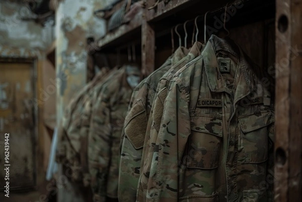 Fototapeta Military uniforms are displayed in a dimly lit space, showcasing the wear of time and service.